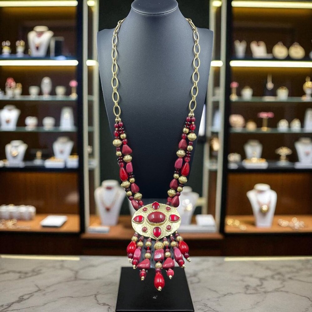 Chicos Red Gold Statement Necklace Bold Beaded Pendant‎ Boho Festival Jewelry